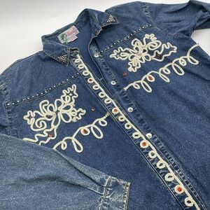 Tasty Brand Womens Demin Trenchcoat  Acid Wash Emblish Embroidery Size Large